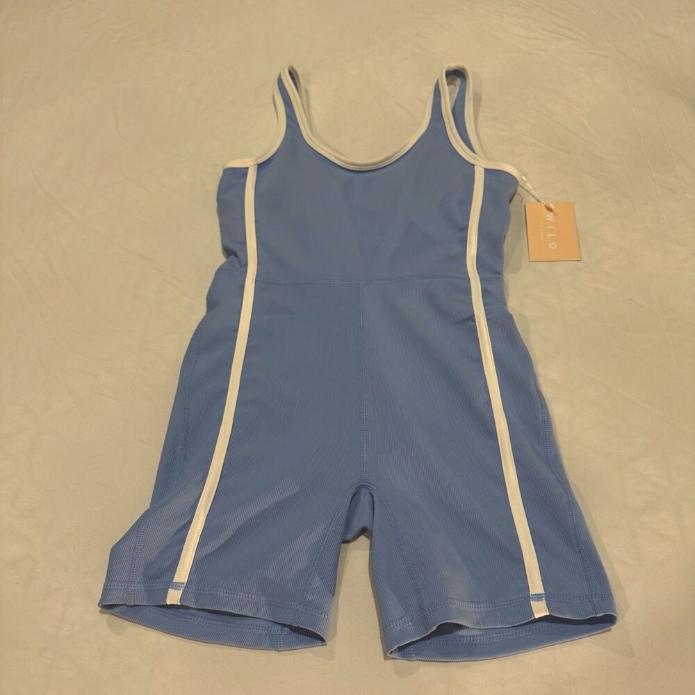 WILO the Label Short Rib Romper Athletic One Piece run yoga Blue NWT $78‎ XS